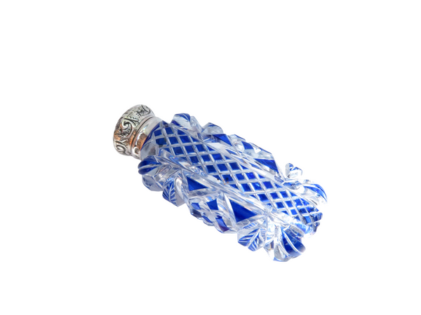 Antique Victorian Sterling Silver & Blue Overlay Cut Glass Scent / Perfume Bottle 1897