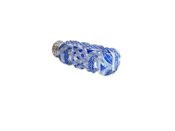 Antique Victorian Sterling Silver & Blue Overlay Cut Glass Scent / Perfume Bottle 1897