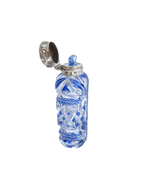 Antique Victorian Sterling Silver & Blue Overlay Cut Glass Scent / Perfume Bottle 1897