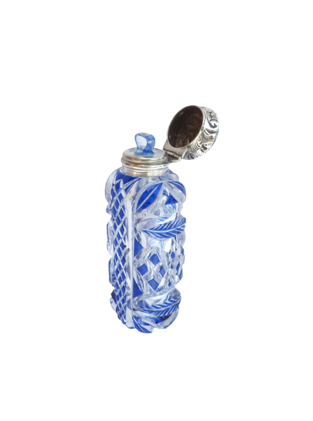 Antique Victorian Sterling Silver & Blue Overlay Cut Glass Scent / Perfume Bottle 1897