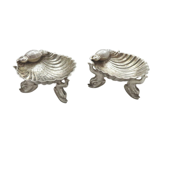 Pair of Antique Victorian Sterling Silver 'Shell' Salts with Dolphin Feet 1884