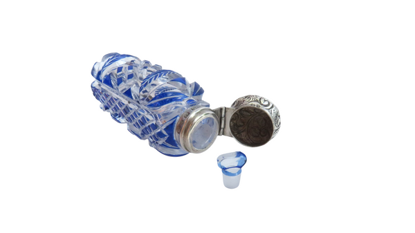 Antique Victorian Sterling Silver & Blue Overlay Cut Glass Scent / Perfume Bottle 1897