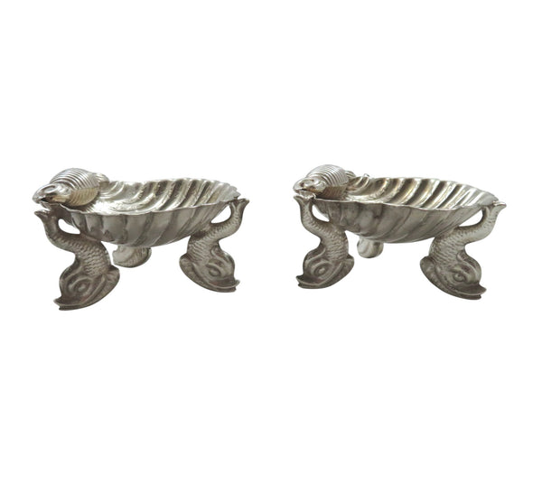 Pair of Antique Victorian Sterling Silver 'Shell' Salts with Dolphin Feet 1884
