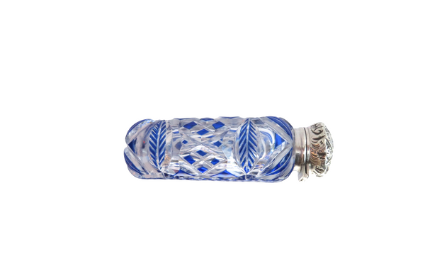 Antique Victorian Sterling Silver & Blue Overlay Cut Glass Scent / Perfume Bottle 1897