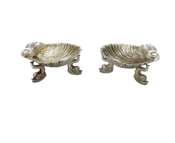 Pair of Antique Victorian Sterling Silver 'Shell' Salts with Dolphin Feet 1864