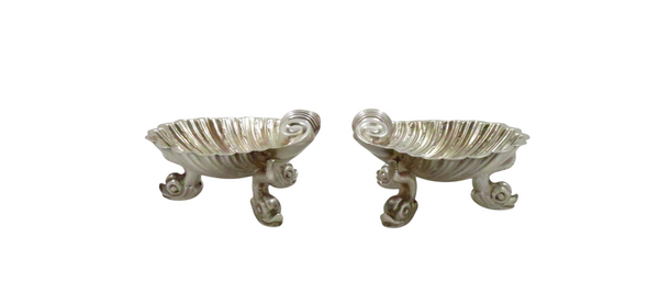 Pair of Antique Victorian Sterling Silver 'Shell' Salts with Dolphin Feet 1864