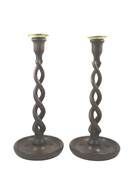 Pair of Antique Oak Open Barley Twist 12" Candlesticks c1900