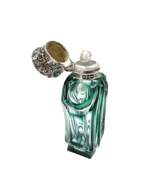 Antique Victorian Sterling Silver & Green Overlay Scent/ Perfume Bottle 1899