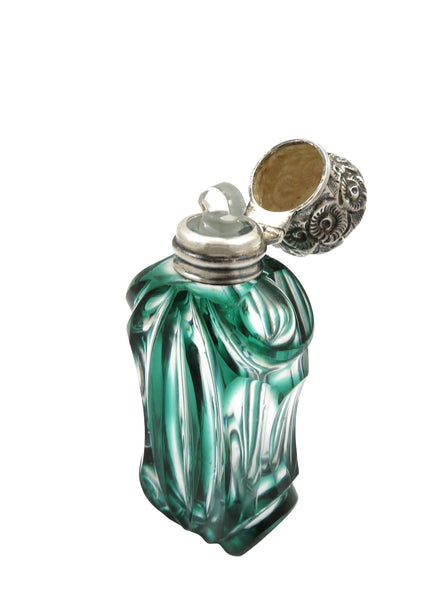 Antique Victorian Sterling Silver & Green Overlay Scent/ Perfume Bottle 1899