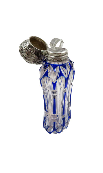 Antique Victorian Silver & Blue Overlay Cut Glass Perfume / Scent Bottle
