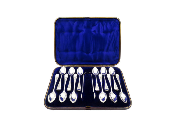 Set of 12 Antique Victorian Sterling Silver Teaspoons & Sugar Tongs in Case 1880