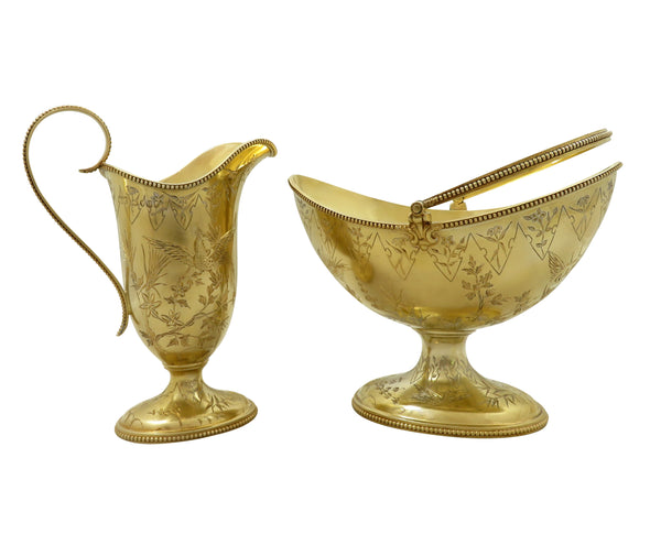 Antique Victorian Solid Silver Gilt 'Birds' Jug & Bowl 1875