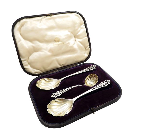 Set of 3 Antique Edwardian Sterling Silver Fruit Serving Spoons in Case 1905