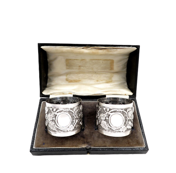 Pair of Antique George V Sterling Silver 'Grape & Vine' Napkin Rings in Case 1911