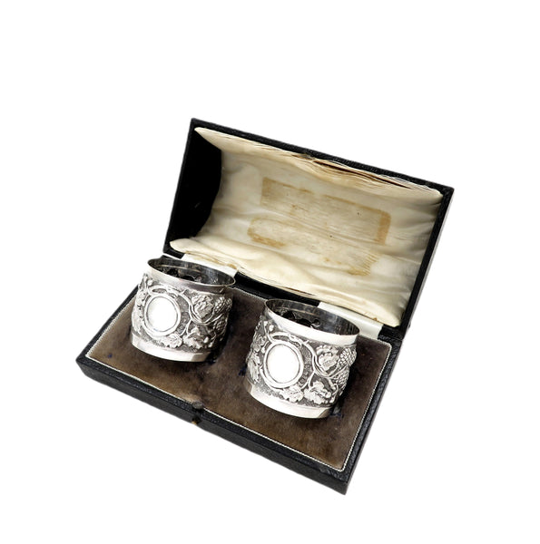 Pair of Antique George V Sterling Silver 'Grape & Vine' Napkin Rings in Case 1911