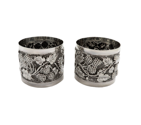 Pair of Antique George V Sterling Silver 'Grape & Vine' Napkin Rings in Case 1911