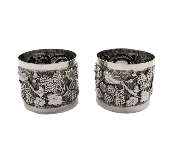 Pair of Antique George V Sterling Silver 'Grape & Vine' Napkin Rings in Case 1911