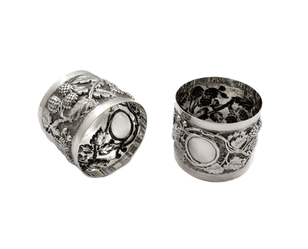 Pair of Antique George V Sterling Silver 'Grape & Vine' Napkin Rings in Case 1911