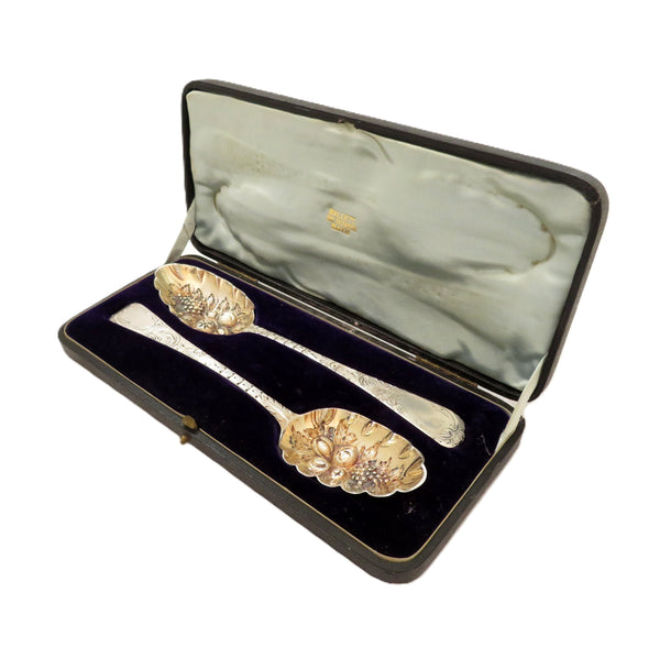Pair of Antique Victorian Sterling Silver Berry Spoons in Case 1855