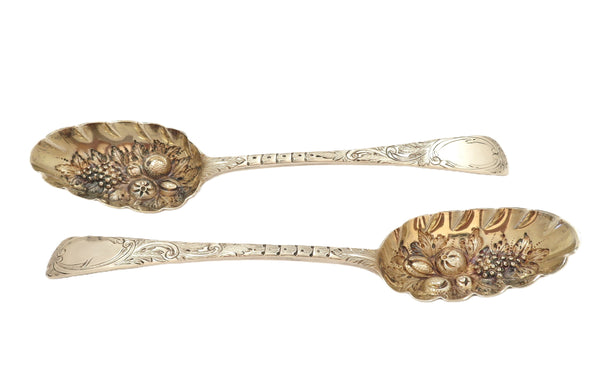 Pair of Antique Victorian Sterling Silver Berry Spoons in Case 1855