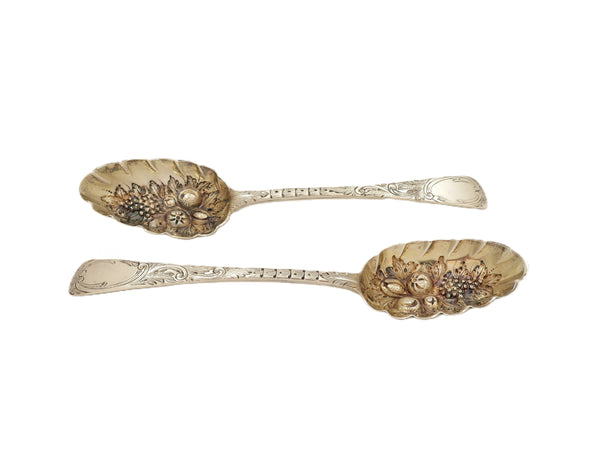 Pair of Antique Victorian Sterling Silver Berry Spoons in Case 1855