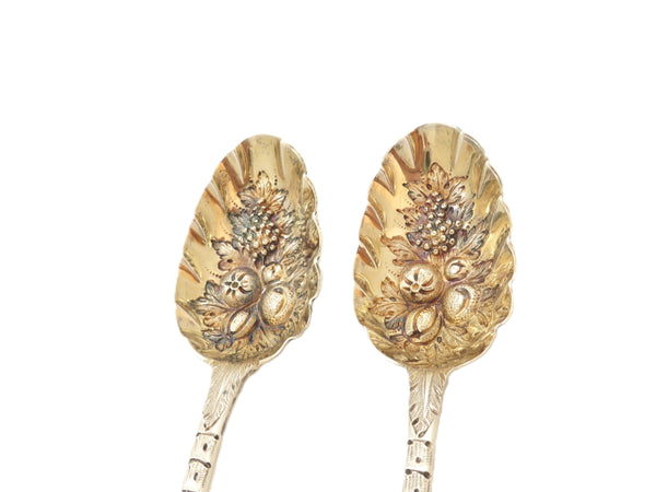 Pair of Antique Victorian Sterling Silver Berry Spoons in Case 1855