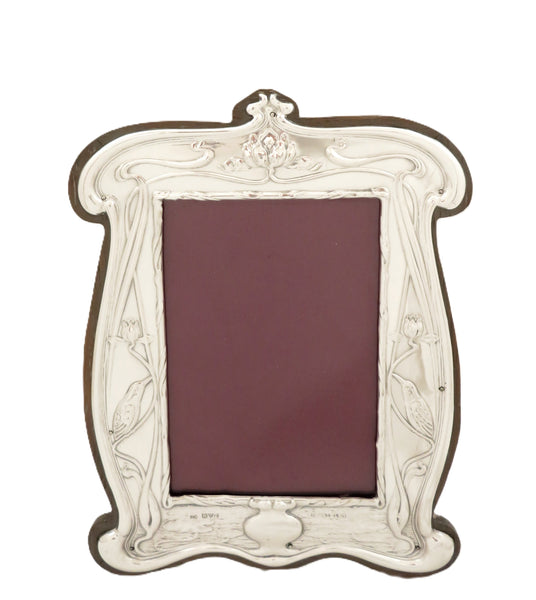 Antique Art Nouveau Sterling Silver 'Kingfisher' Photo Frame 1905