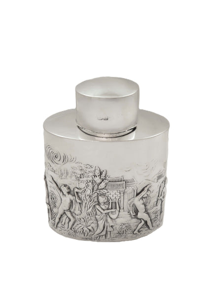 Antique Edwardian Sterling Silver Caddy with Roman Scenes 1901