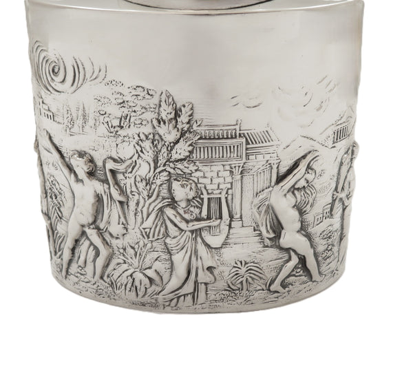 Antique Edwardian Sterling Silver Caddy with Roman Scenes 1901