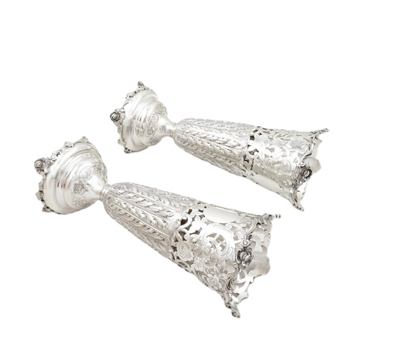 Pair of Antique Edwardian Sterling Silver 8" Vases 1902