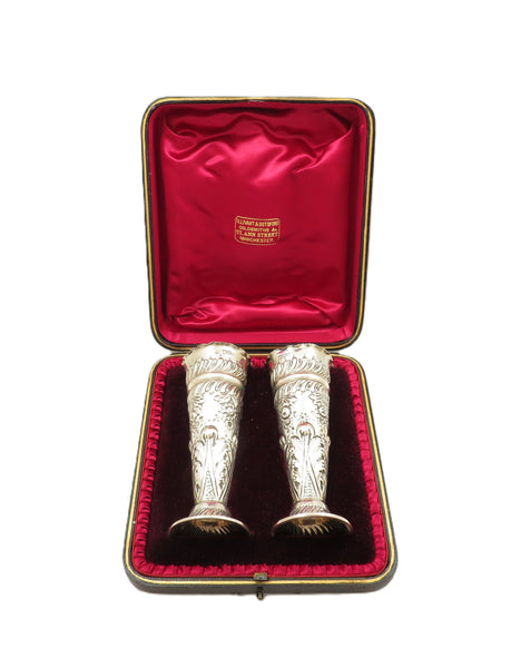 Pair of Antique Edwardian Sterling Silver Vases in Case 1901