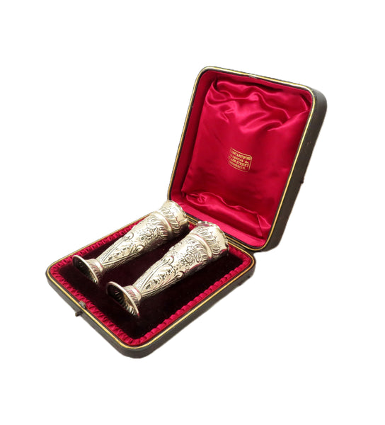 Pair of Antique Edwardian Sterling Silver Vases in Case 1901