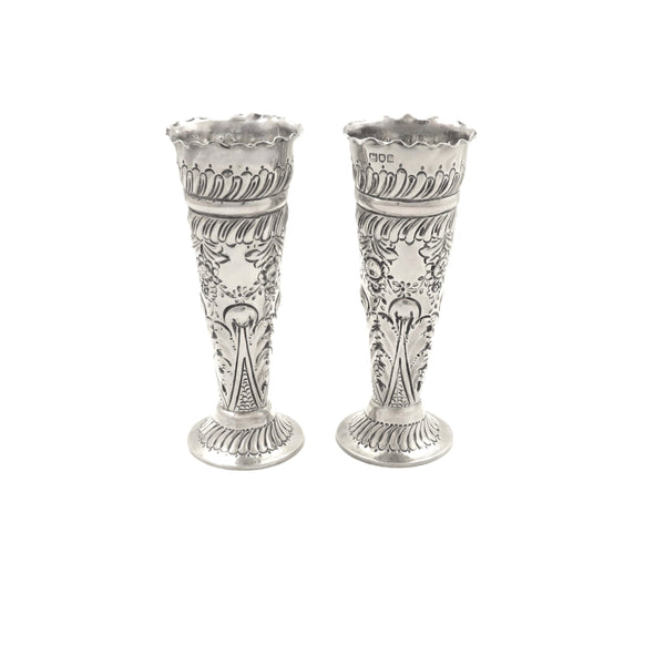 Pair of Antique Edwardian Sterling Silver Vases in Case 1901