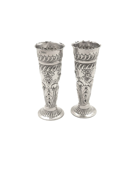 Pair of Antique Edwardian Sterling Silver Vases in Case 1901
