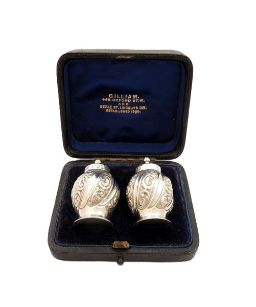 Pair of Antique Victorian Sterling Silver Peppers in Case 1892