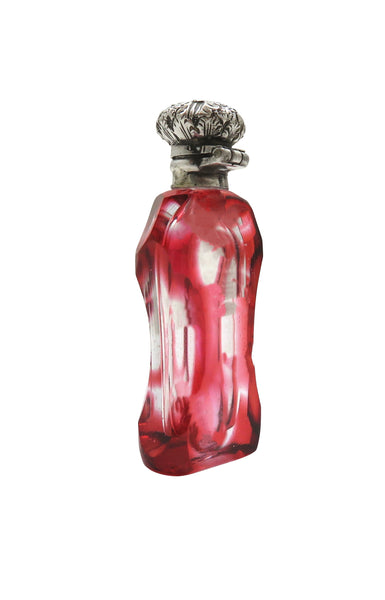 Antique Silver & Red Overlay Glass 2" Scent / Perfume Bottle c1890