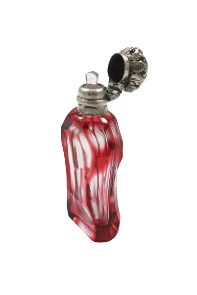 Antique Silver & Red Overlay Glass 2" Scent / Perfume Bottle c1890