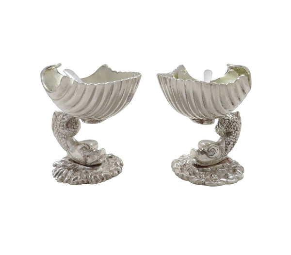 Pair of Antique Silver Plated Dolphin & Shell Salts c1880