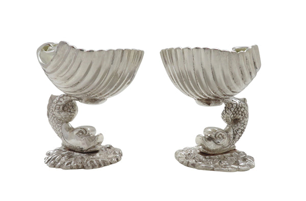 Pair of Antique Silver Plated Dolphin & Shell Salts c1880