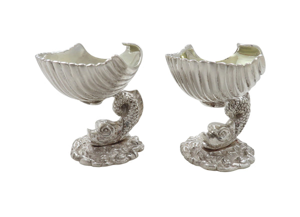 Pair of Antique Silver Plated Dolphin & Shell Salts c1880