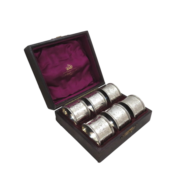 Set of 6 Antique Sterling Silver Napkin Rings in Case 1891