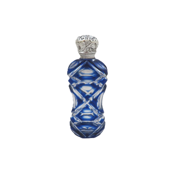 Antique Victorian Silver & Blue Overlay Cut Glass Scent / Perfume Bottle