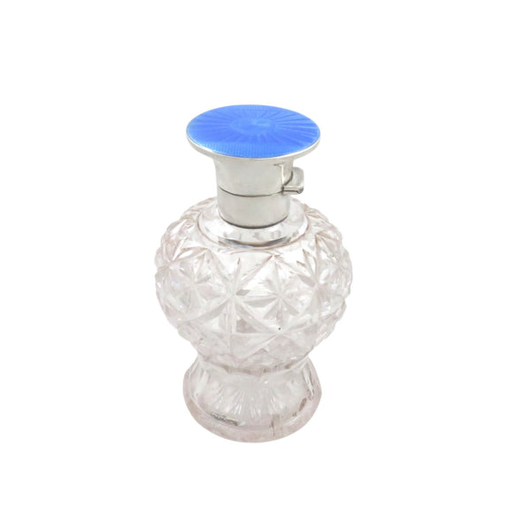 Antique Sterling Silver & Blue Enamel Cut Glass 5 3/4" Scent / Perfume Bottle 1930