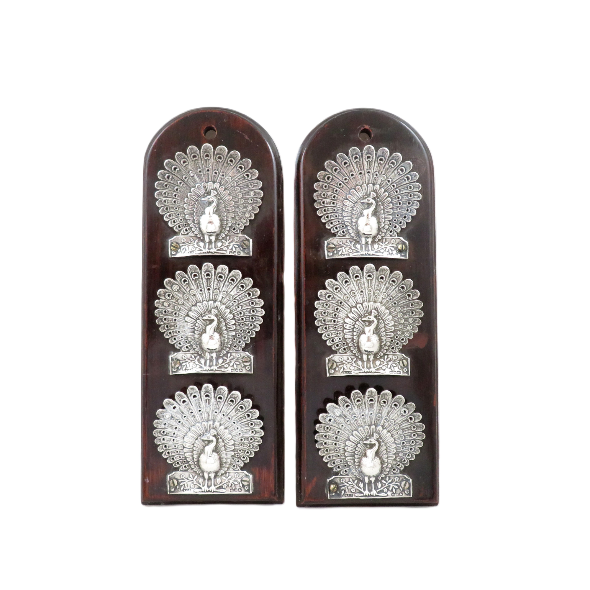 Pair of Antique Victorian Walnut & Sterling Silver 'Peacock' Letter Racks 1894