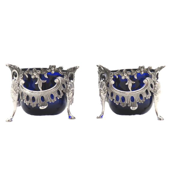 Pair of Antique Victorian Sterling Silver Salts with Liners 1845