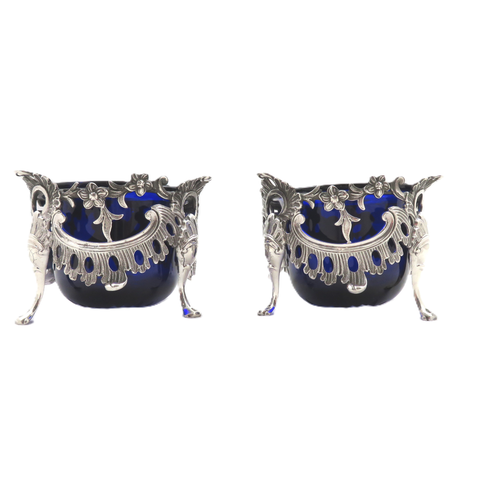 Pair of Antique Victorian Sterling Silver Salts with Liners 1845