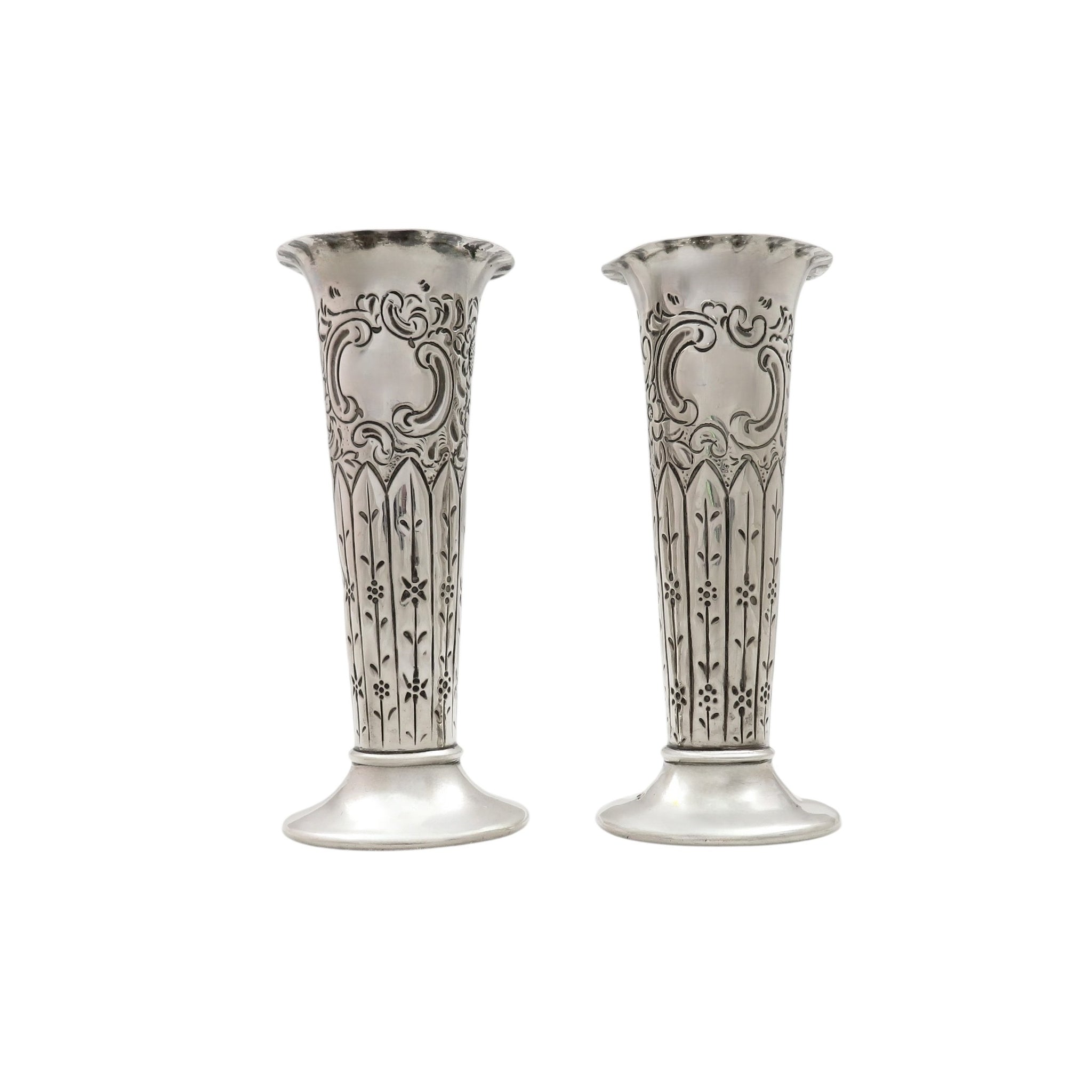 Pair of Antique Victorian Sterling Silver 4 1/2" Vases 1890