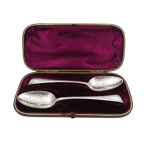 Pair of Antique Georgian Sterling Silver 'Bird' Serving Spoons in Case 1796/1806