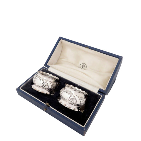 Pair of Antique Victorian Sterling Silver Napkin Rings in Case 1894