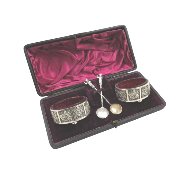 Pair of Antique Victorian Sterling Silver Salts & Spoons in Case 1888 - Hindu Deities